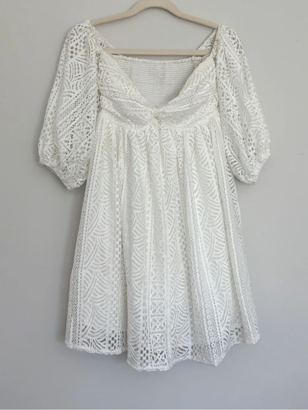 Free People White Emmy Lou Mini Dress Crochet Lace Puff Sleeve XS
